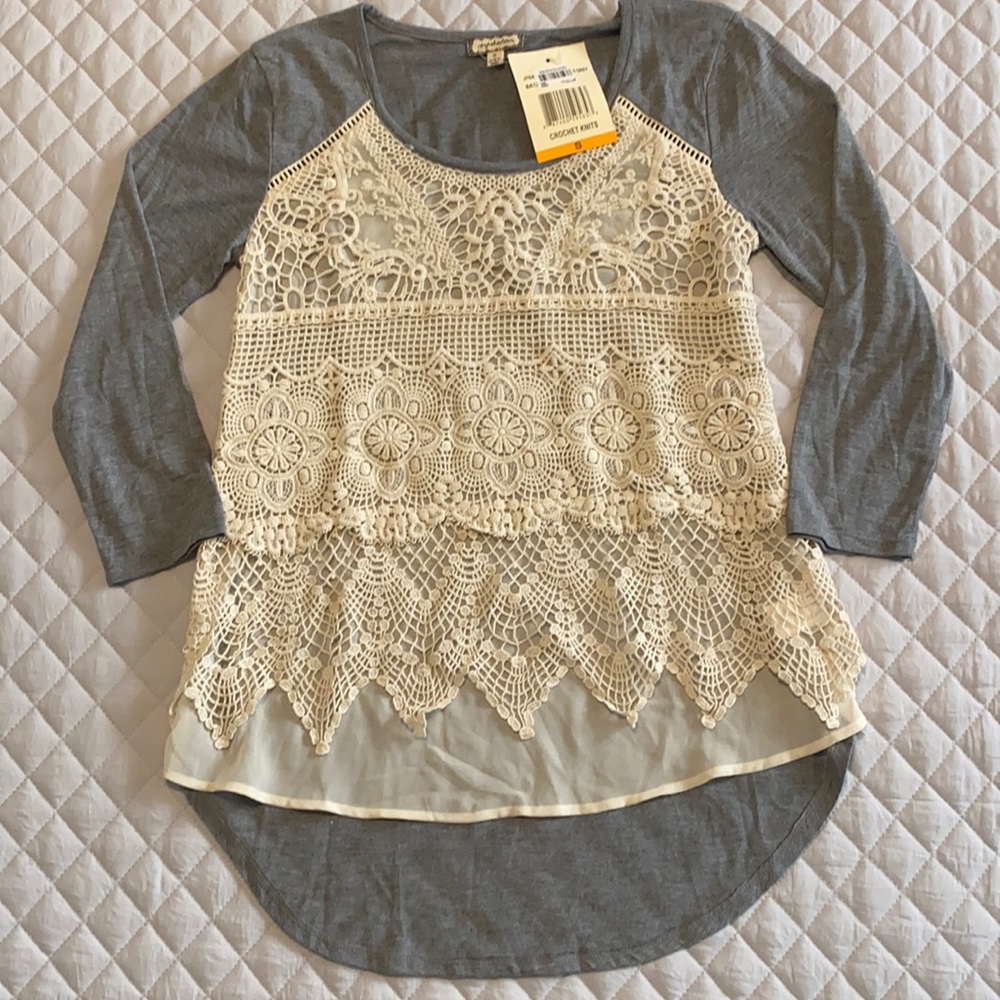 Grey T-shirt with Cream Crochet Detail
